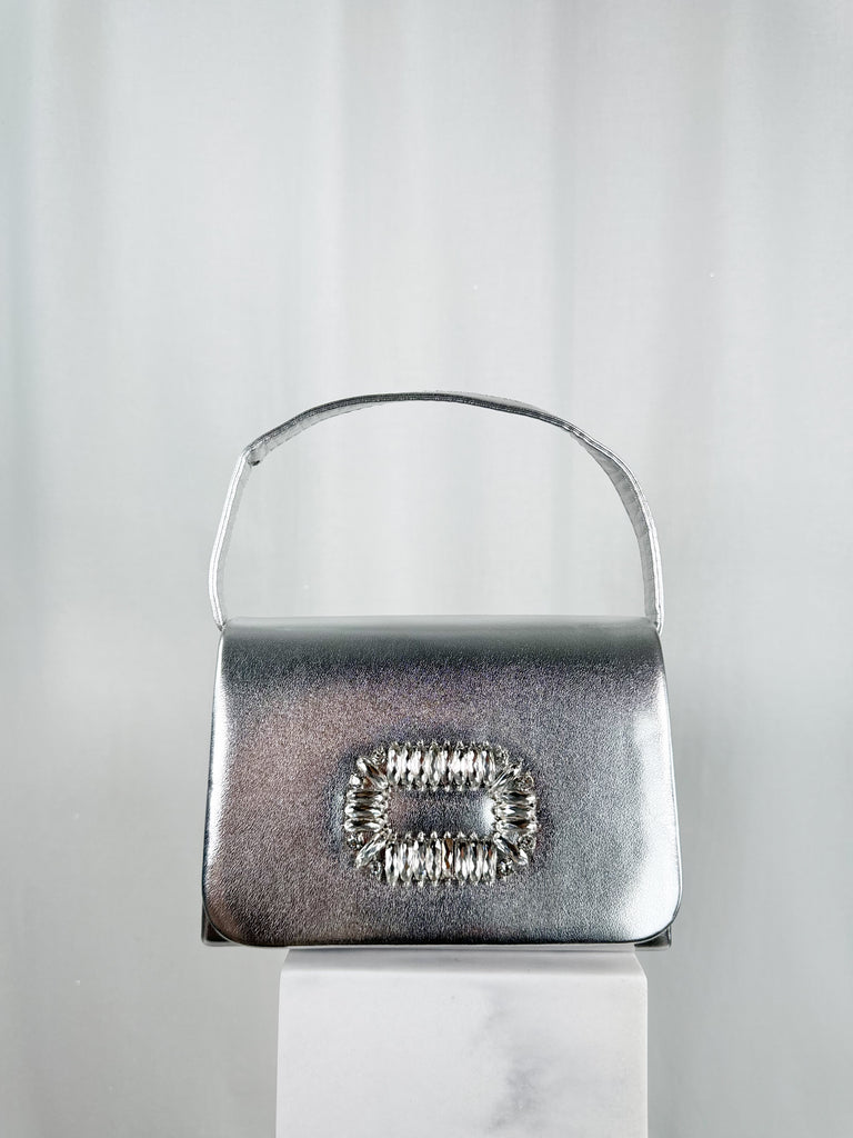 Top Handle Clutch Bag with Stone Detail - Silver