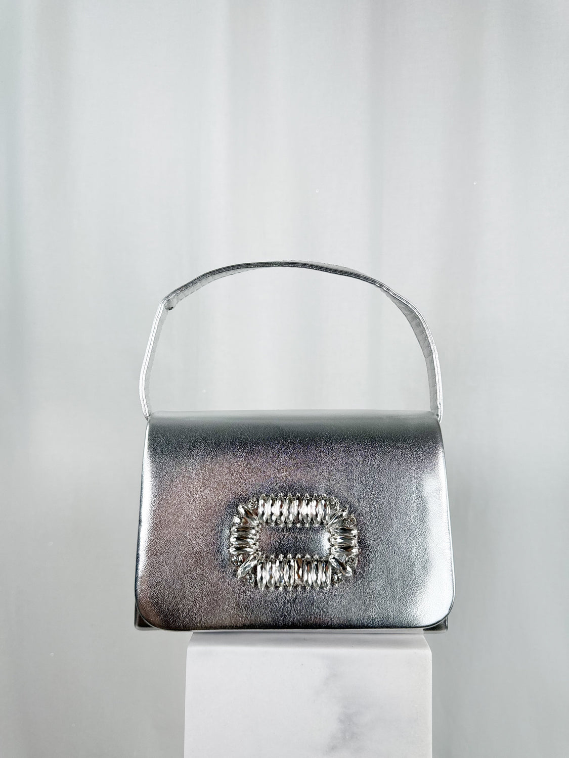 Top Handle Clutch Bag with Stone Detail - Silver