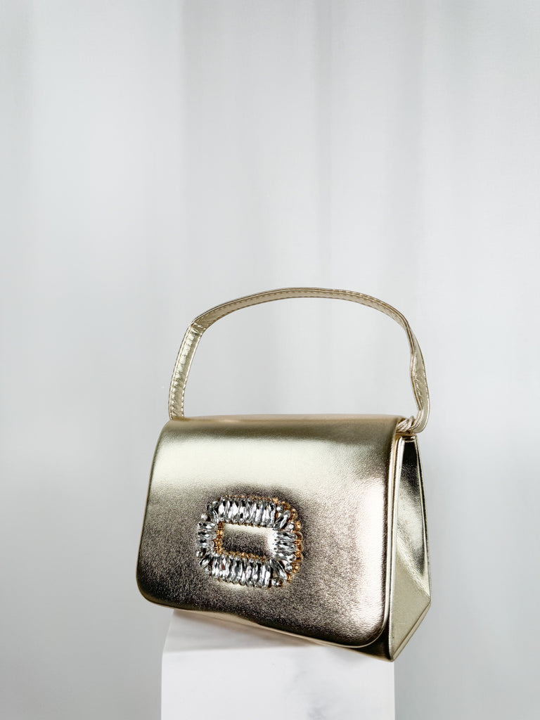Top Handle Clutch Bag with Stone Detail - Gold