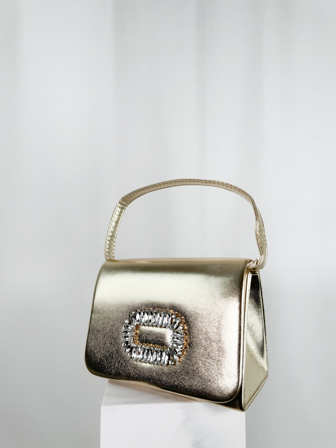 Top Handle Clutch Bag with Stone Detail - Gold