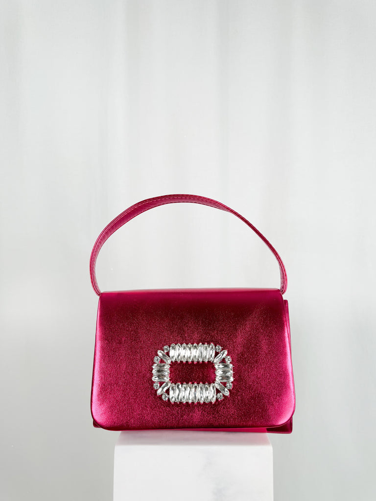 Top Handle Clutch Bag with Stone Detail - Fuchsia