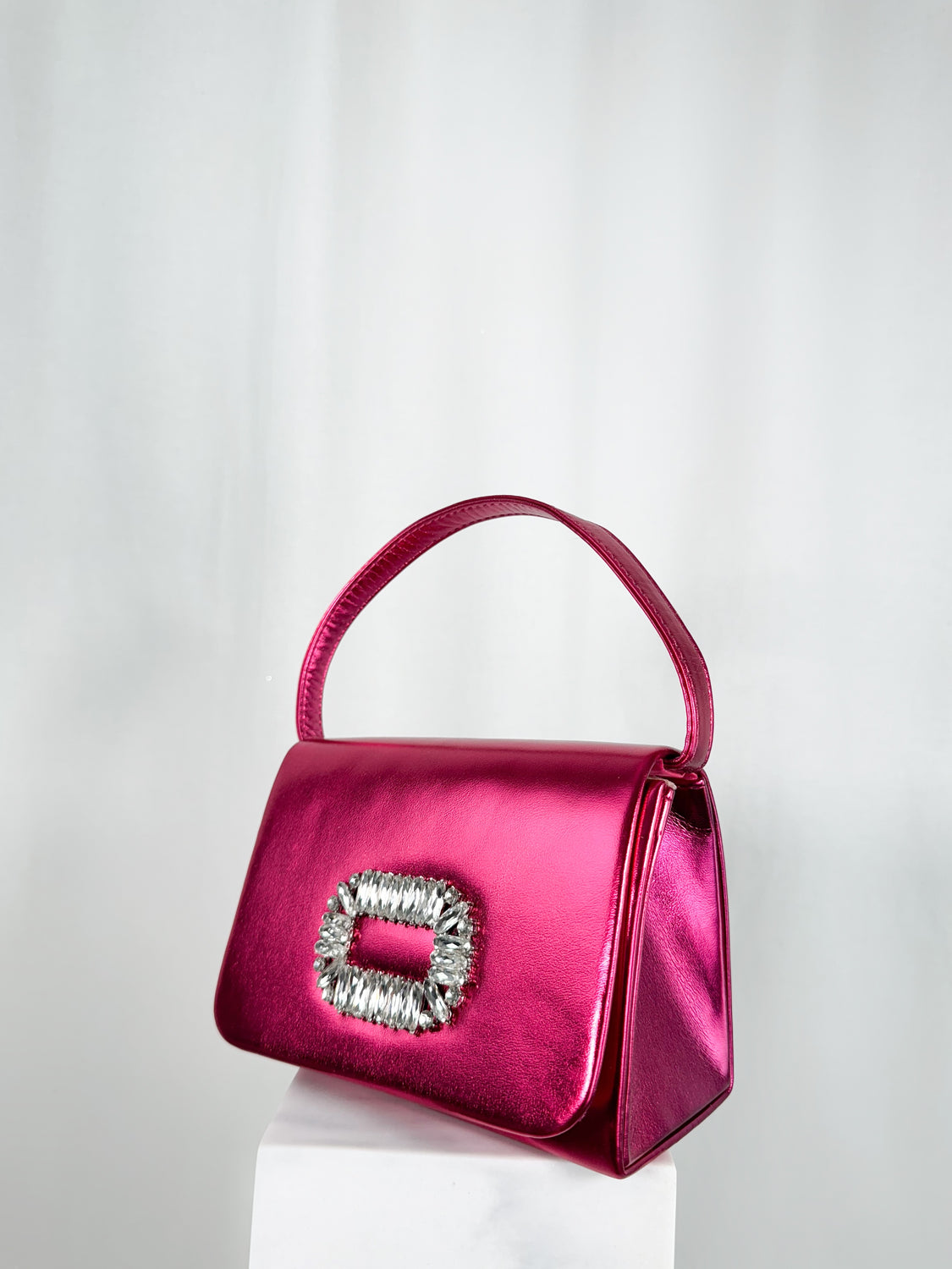 Top Handle Clutch Bag with Stone Detail - Fuchsia