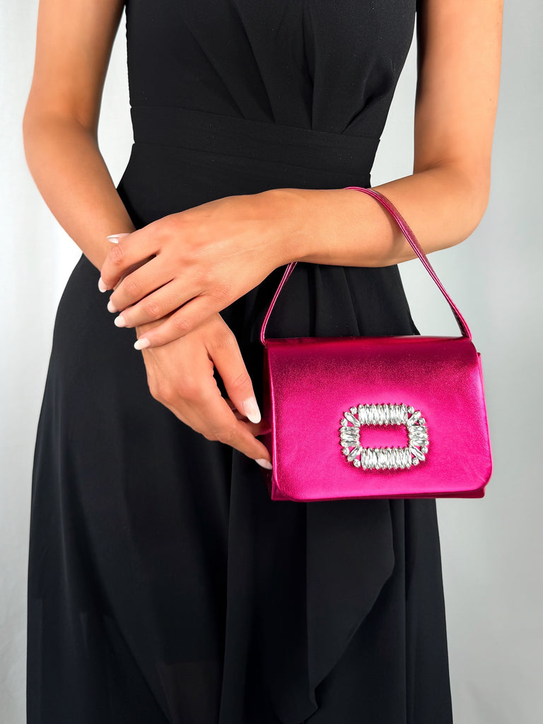 Top Handle Clutch Bag with Stone Detail - Fuchsia