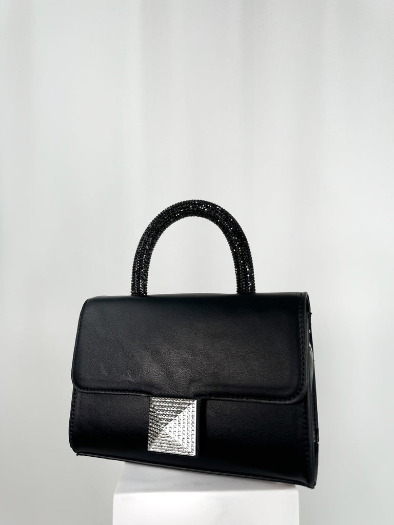 Top Handle Bag with Silver Diamond Buckle - Black
