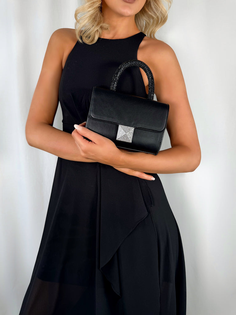 Top Handle Bag with Silver Diamond Buckle - Black