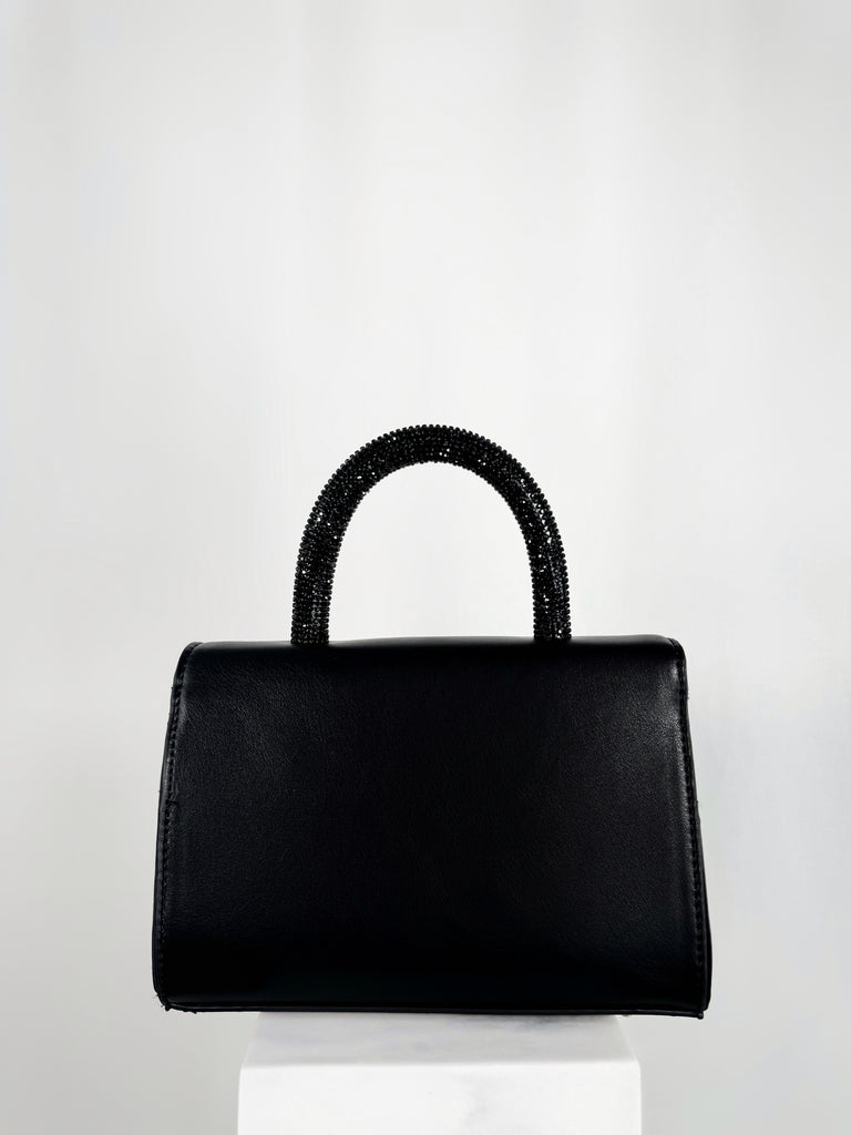 Top Handle Bag with Silver Diamond Buckle - Black