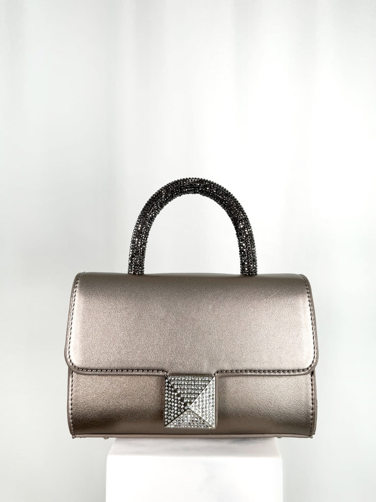 Top Handle Bag with Silver Diamond Buckle - Dark Silver