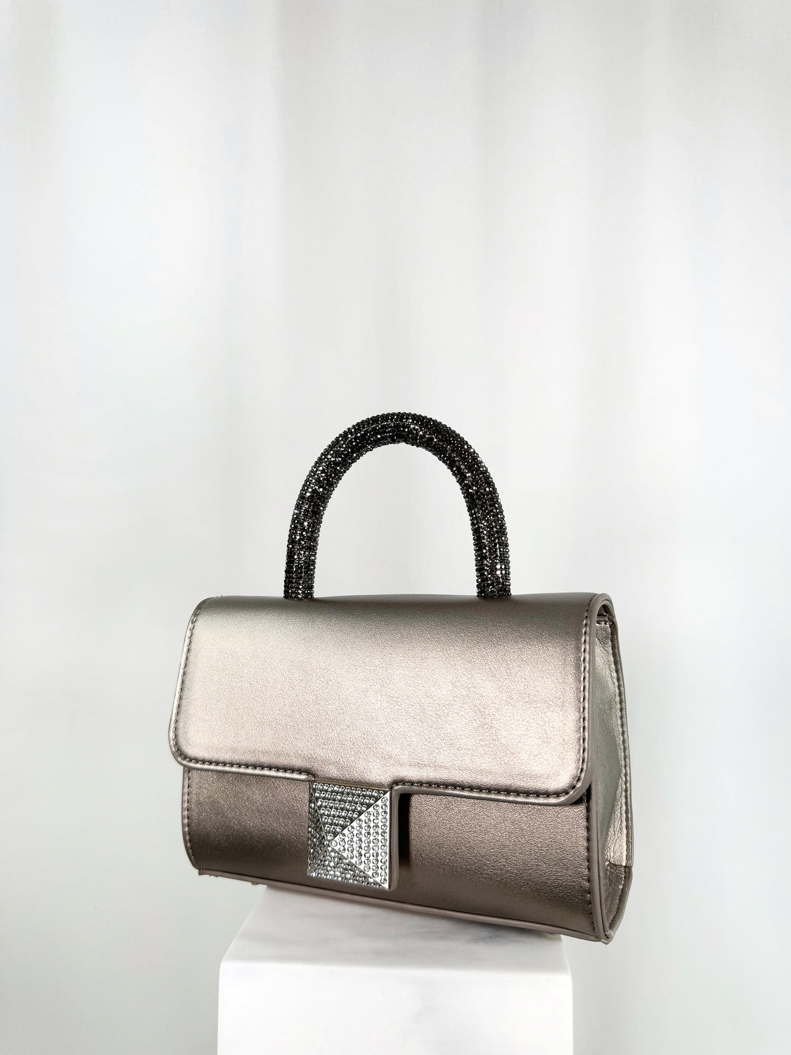 Top Handle Bag with Silver Diamond Buckle - Dark Silver