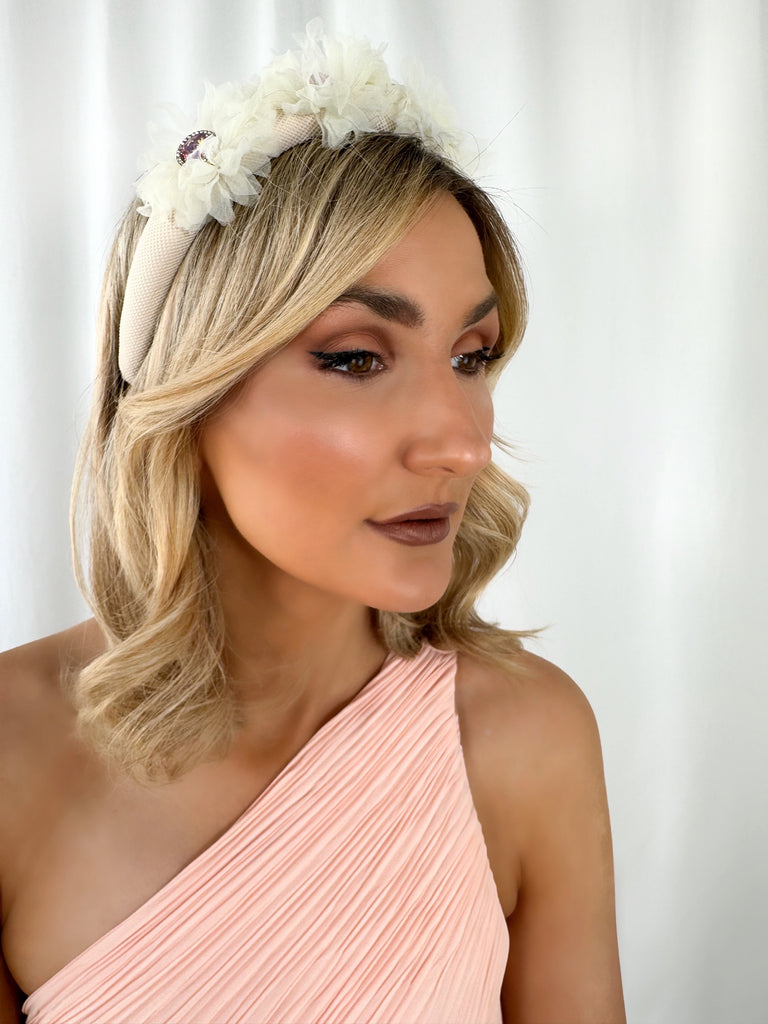 White Headband with Tulle Flowers and Lilac Stones - Handmade