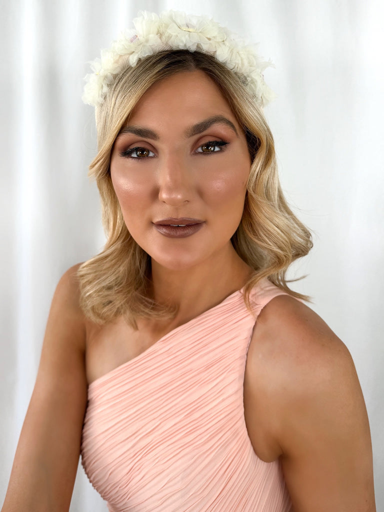 White Headband with Tulle Flowers and Lilac Stones - Handmade