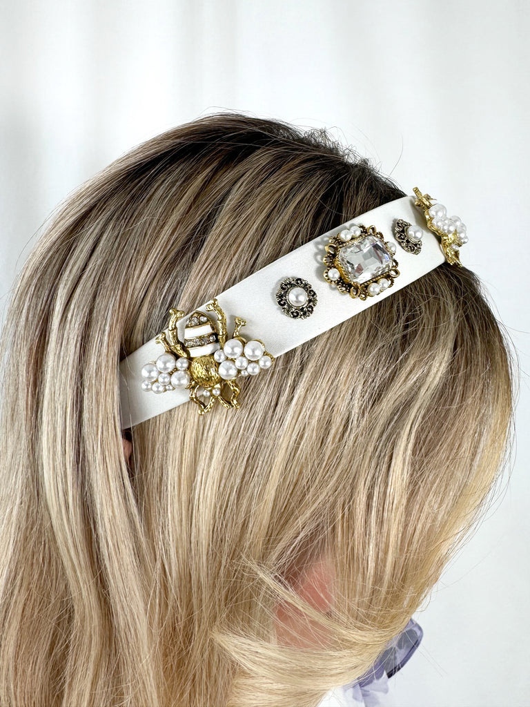 White Headband with Stones and Gold Bee