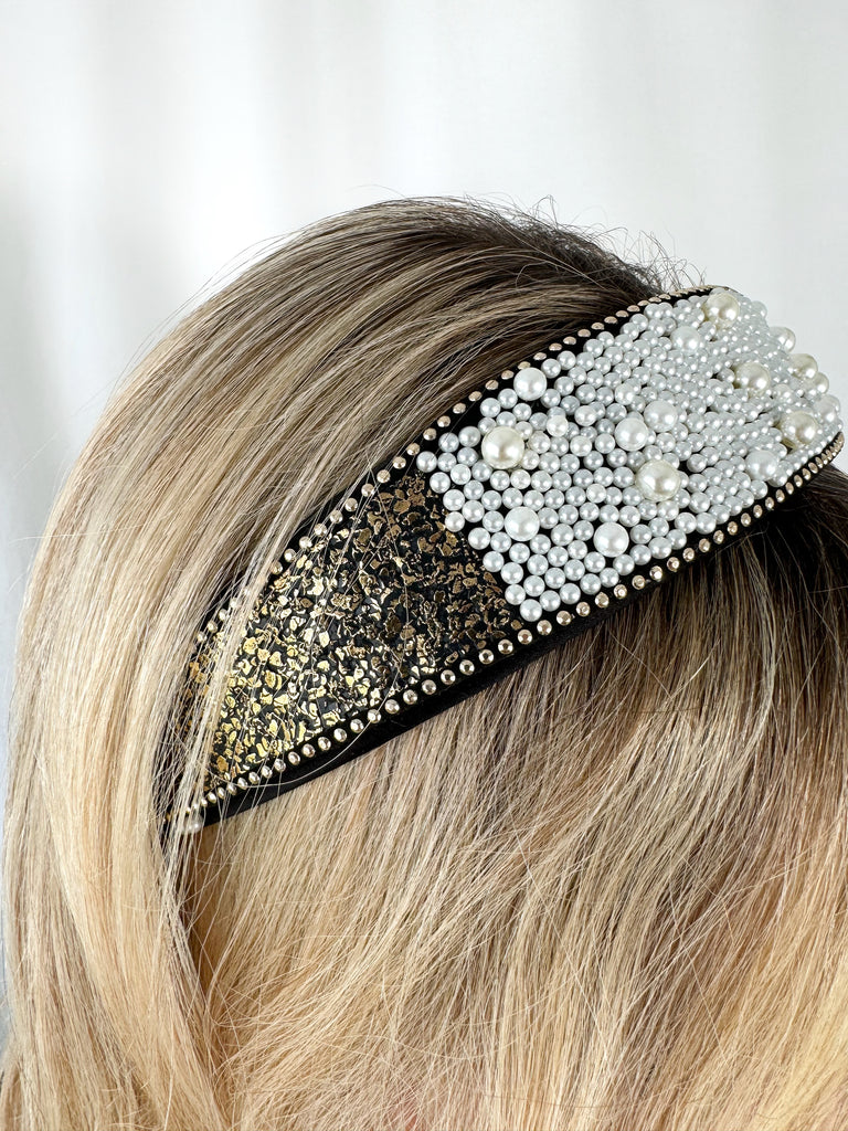 Black Large Headband with Small and Medium Pearls