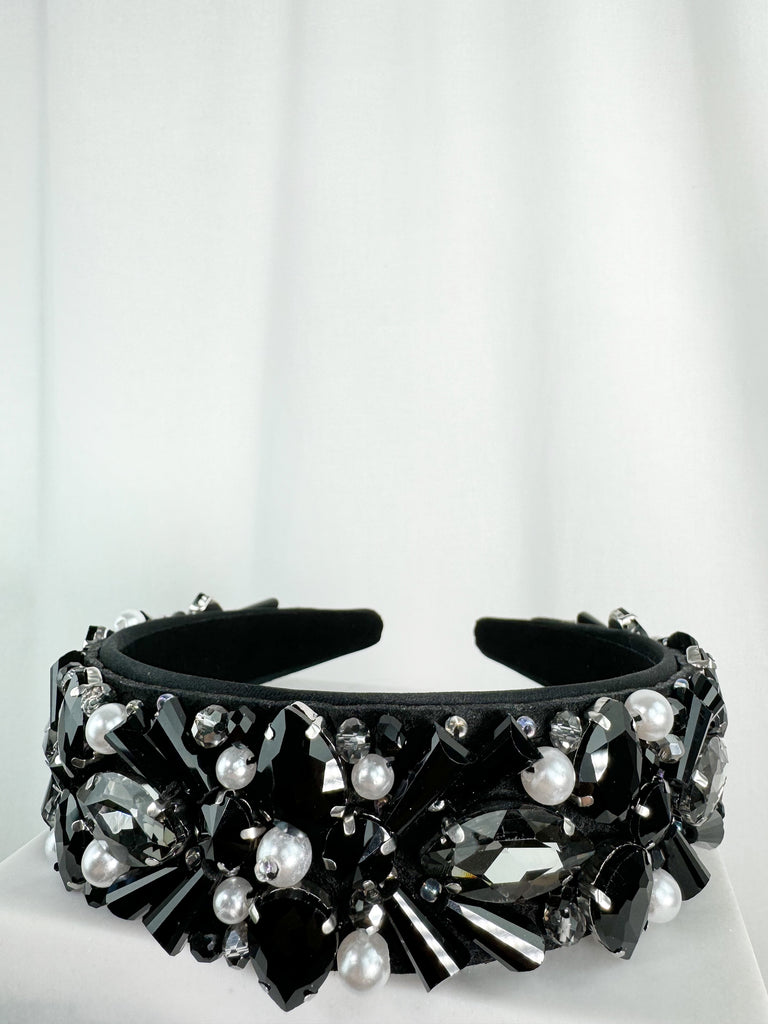 Black Large Headband with Black and White Stones