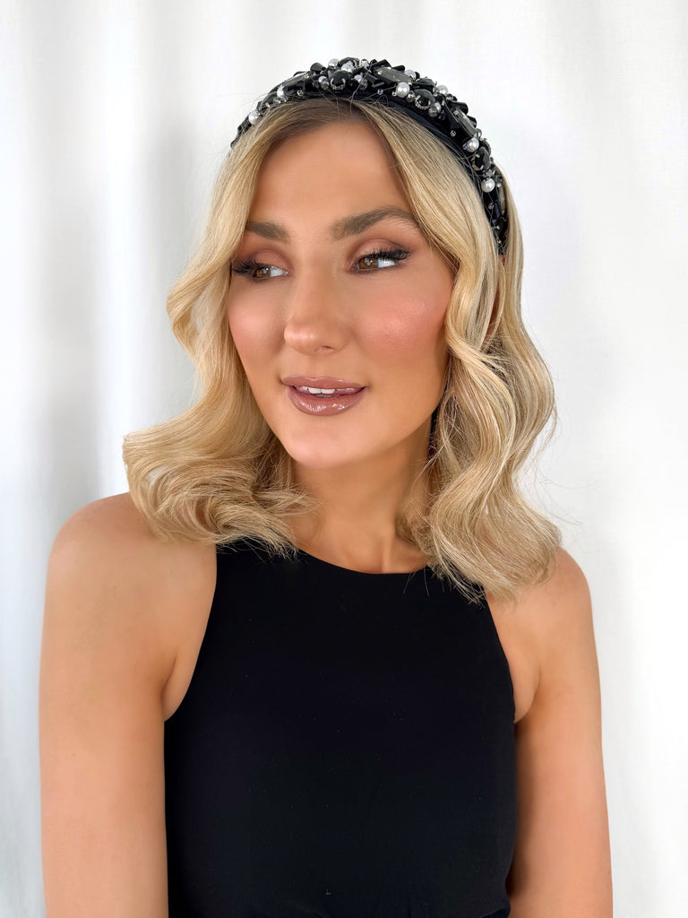 Black Large Headband with Black and White Stones
