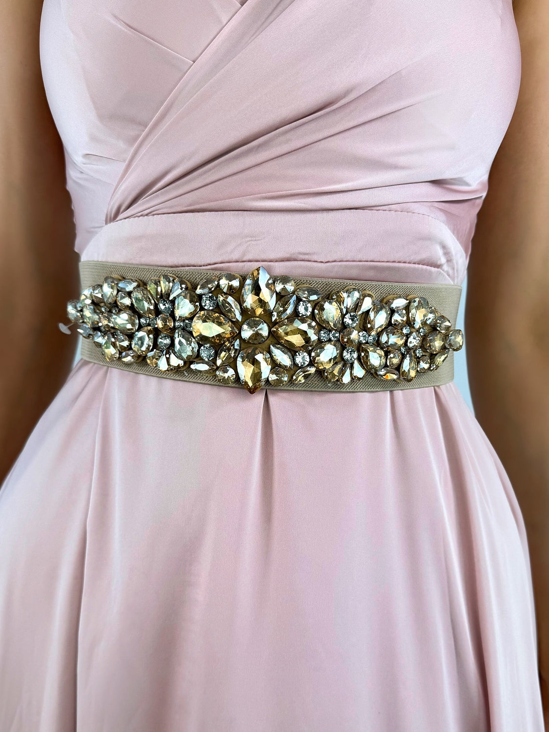 Nude Elastic Waist Wide Belt with Floral Gold Stones