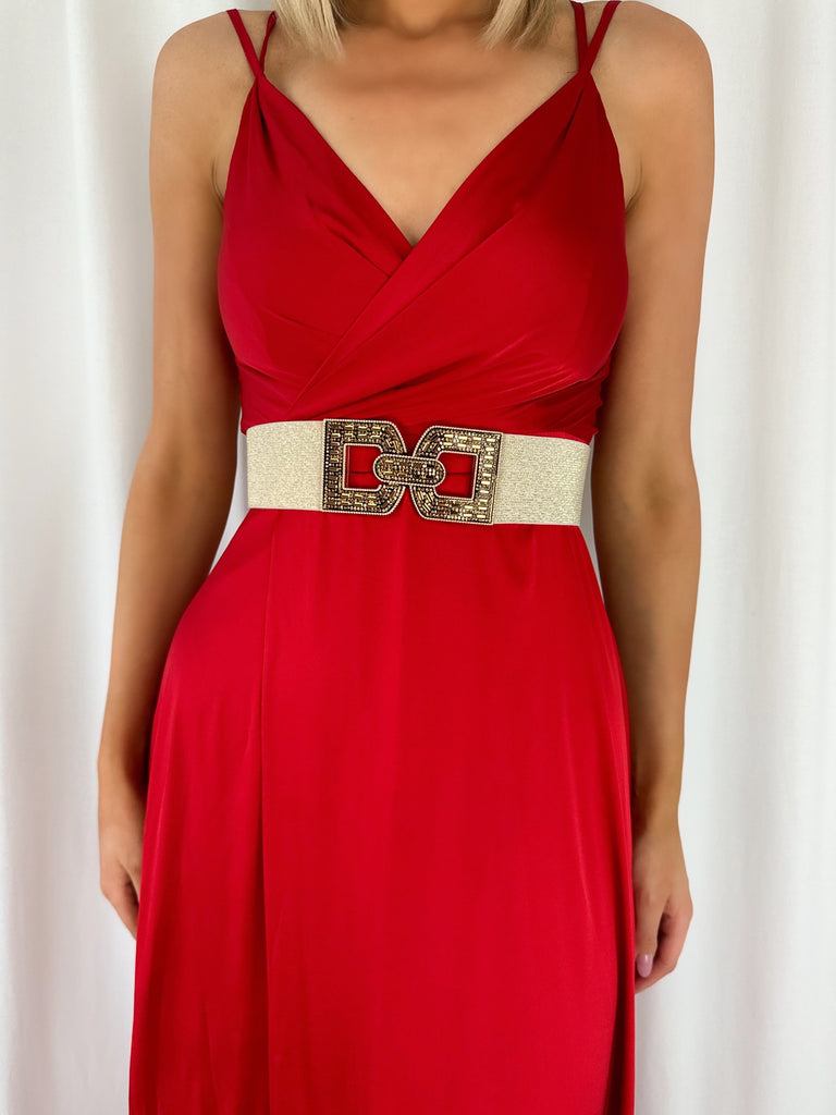 Jess Gold Elastic Waist Belt with Gold Stones Buckle