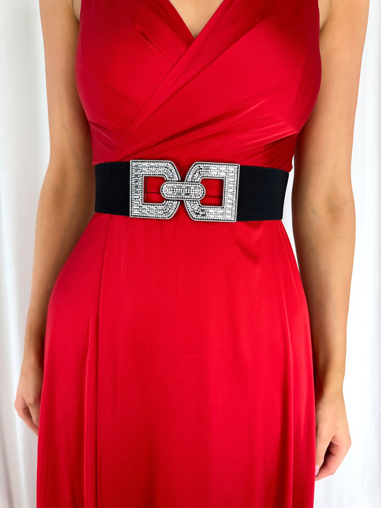 Jess Black Elastic Waist Belt with Silver Stones Buckle