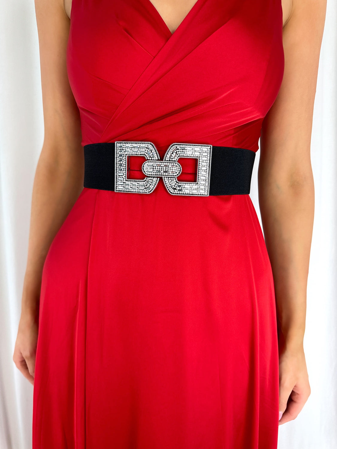 Jess Black Elastic Waist Belt with Silver Stones Buckle