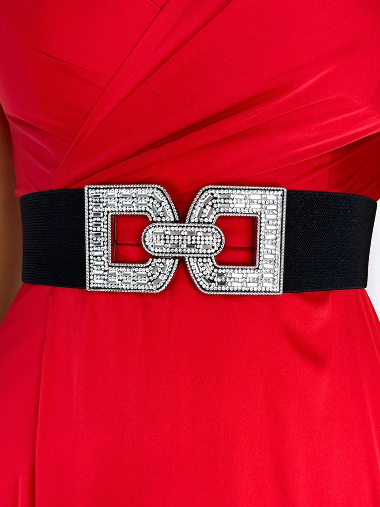 Jess Black Elastic Waist Belt with Silver Stones Buckle
