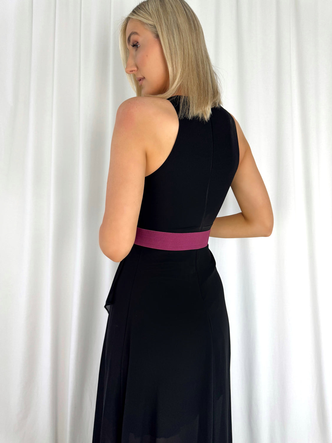 Anne Elastic Waist Belt with Square Buckle with Stones - Fuchsia
