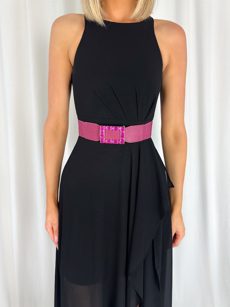 Anne Elastic Waist Belt with Square Buckle with Stones - Fuchsia