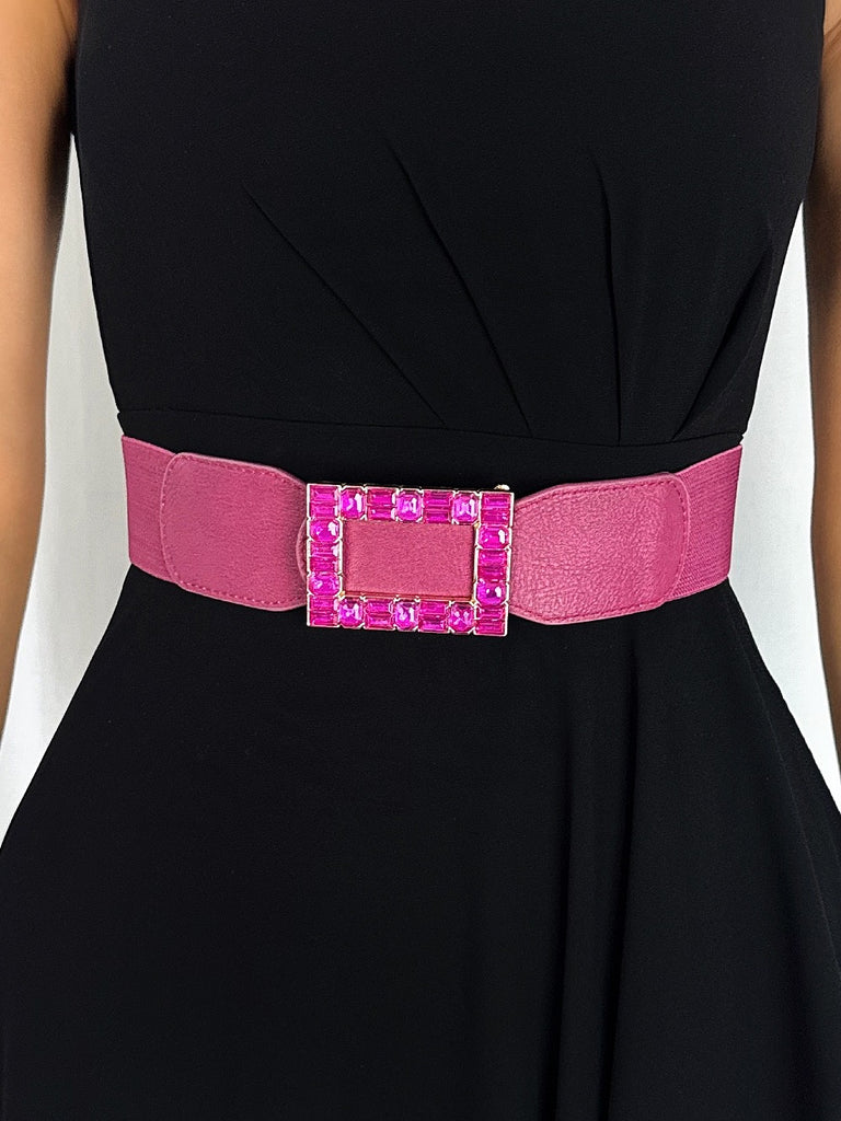 Anne Elastic Waist Belt with Square Buckle with Stones - Fuchsia