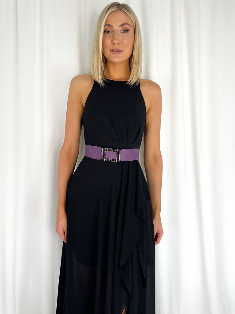 Anne Elastic Waist Belt with Square Buckle with Stones - Purple