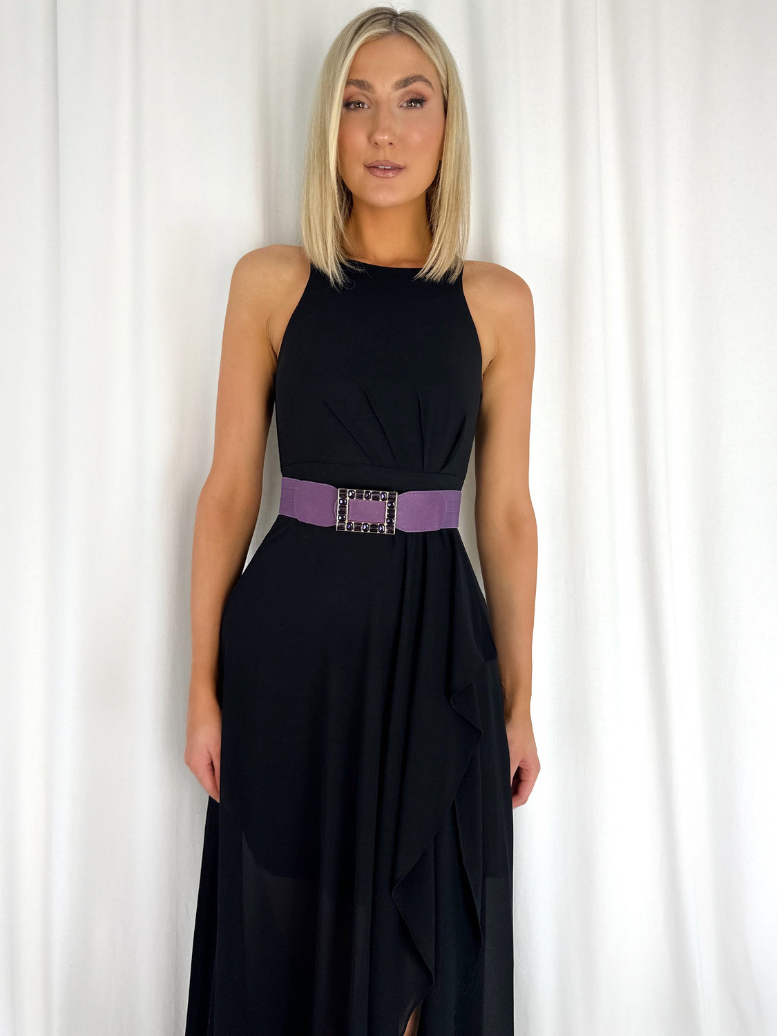 Anne Elastic Waist Belt with Square Buckle with Stones - Purple