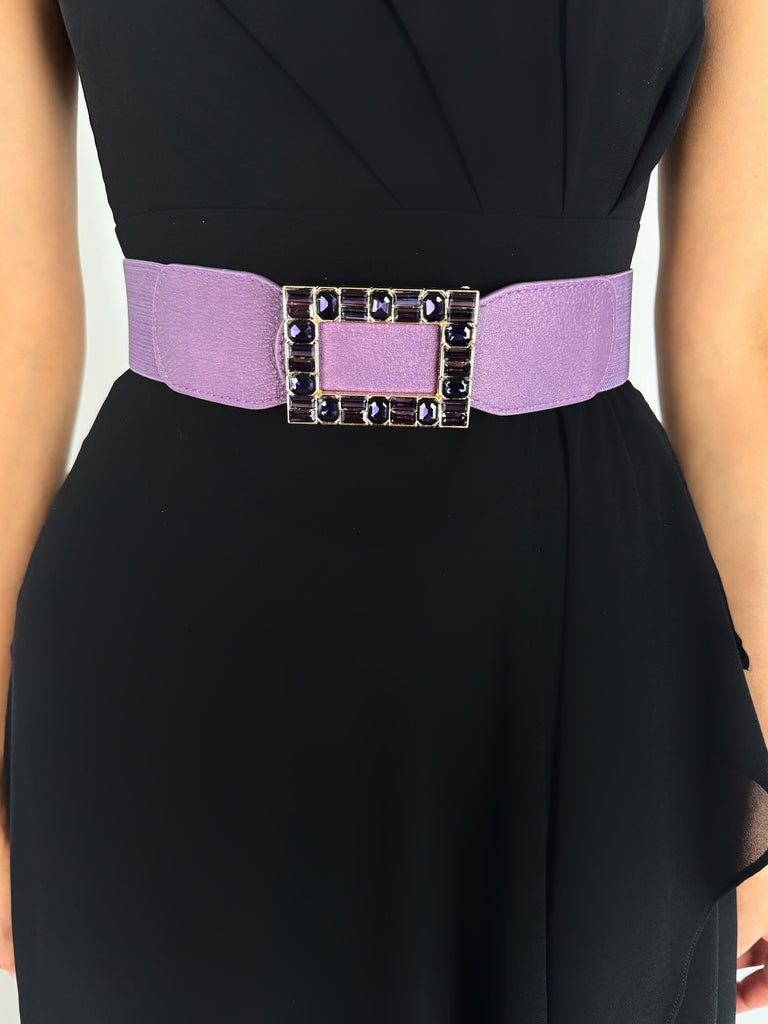 Anne Elastic Waist Belt with Square Buckle with Stones - Purple