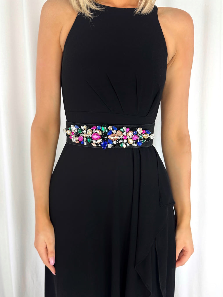 Black Elastic Waist Wide Belt with Floral Stones