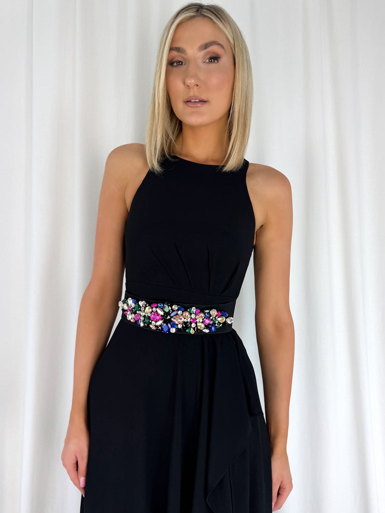 Black Elastic Waist Wide Belt with Floral Stones