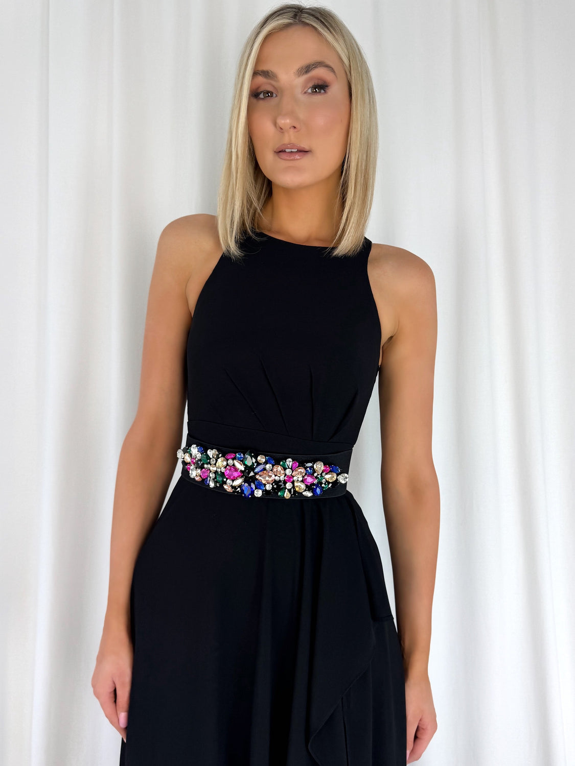 Black Elastic Waist Wide Belt with Floral Stones