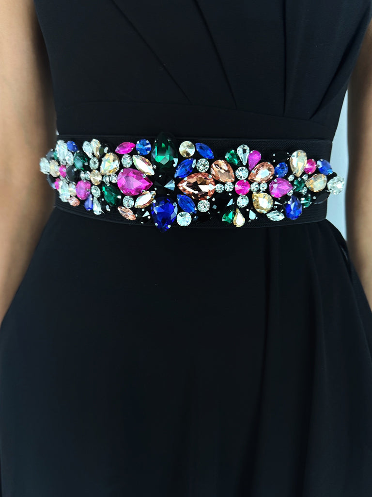 Black Elastic Waist Wide Belt with Floral Stones