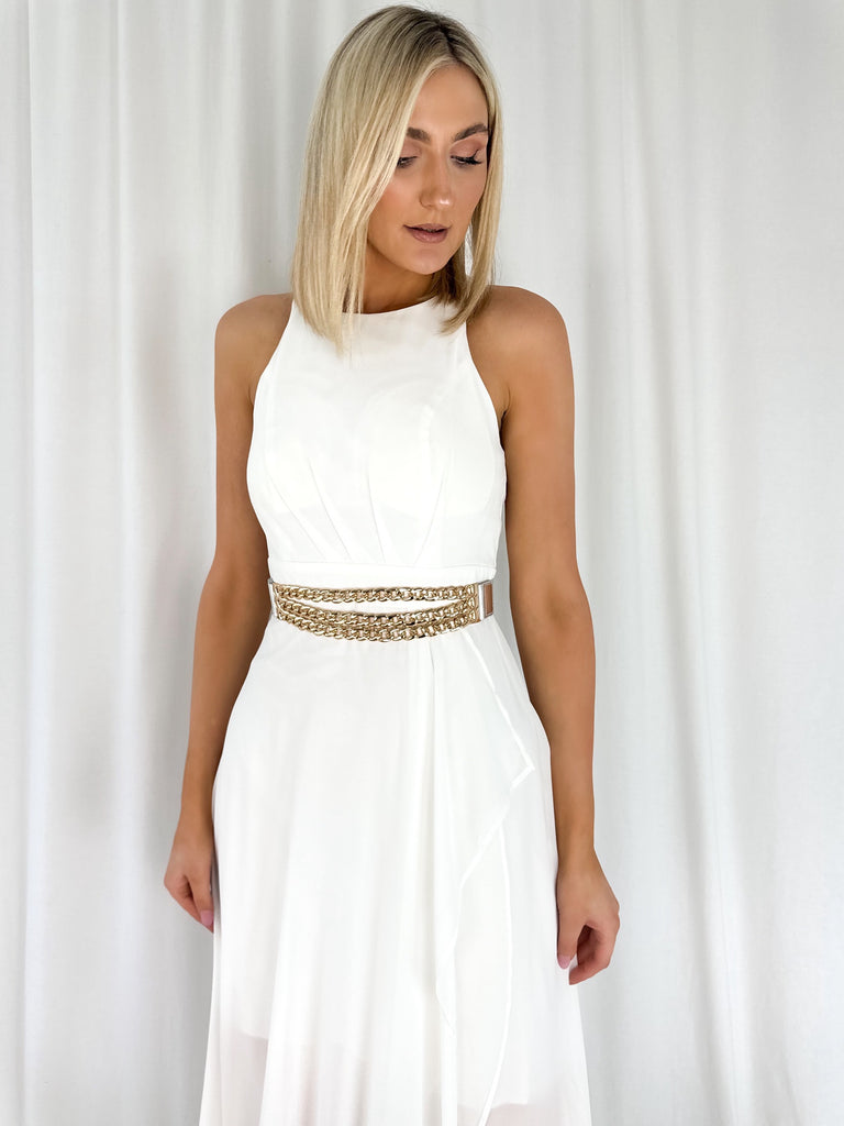 Silver Elastic Waist Belt with Gold Chains