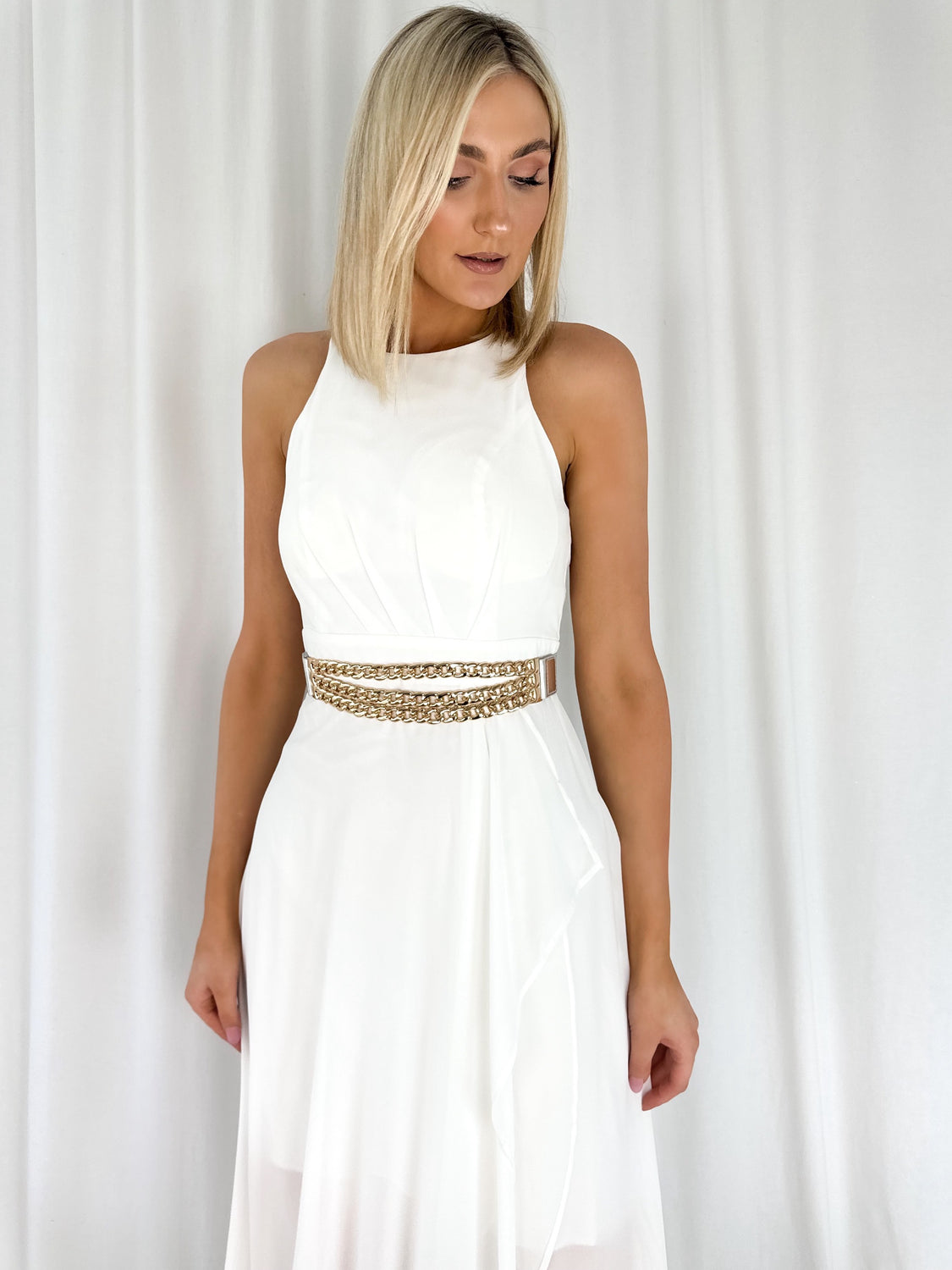 Silver Elastic Waist Belt with Gold Chains