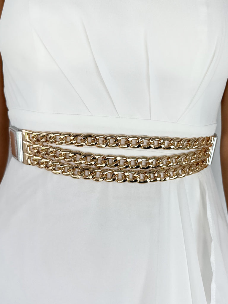 Silver Elastic Waist Belt with Gold Chains
