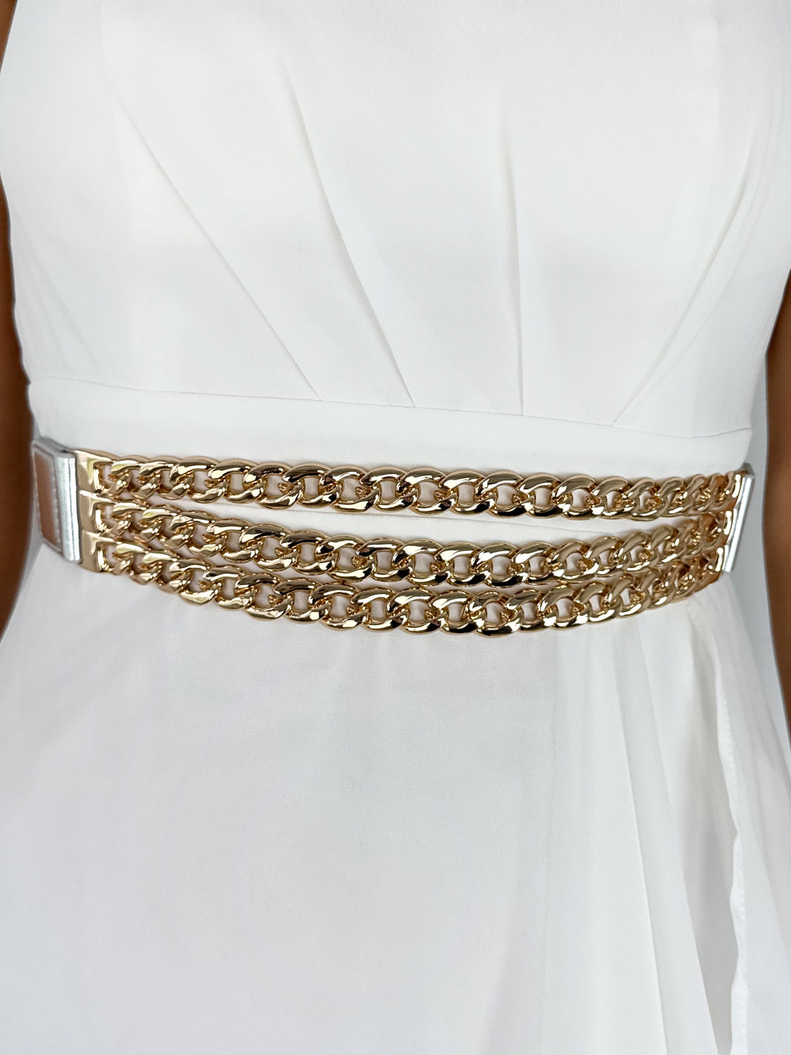 Silver Elastic Waist Belt with Gold Chains