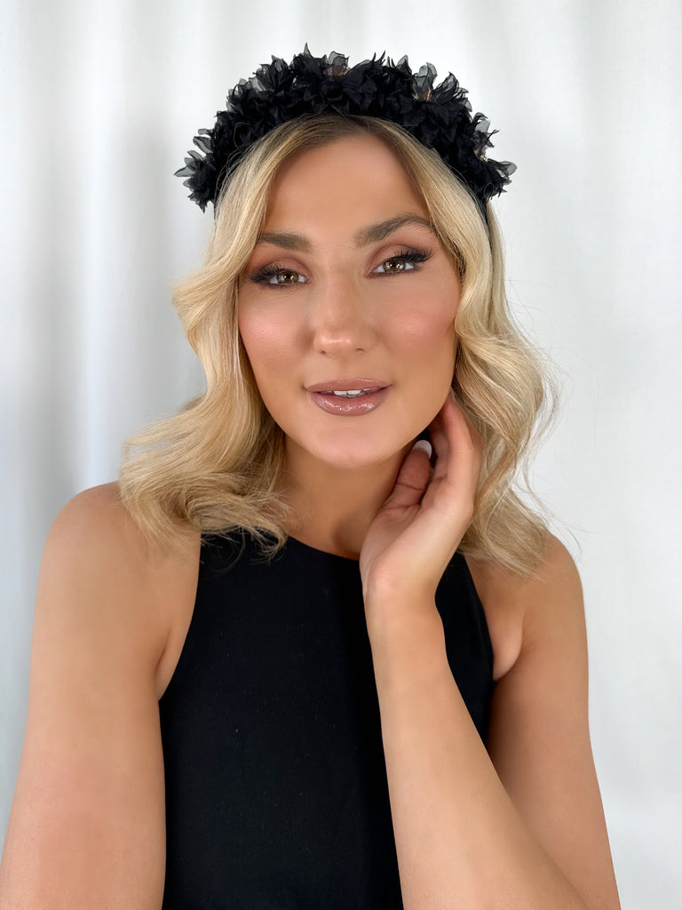 Black Headband with Tulle Flowers and Lilac Stones - Handmade