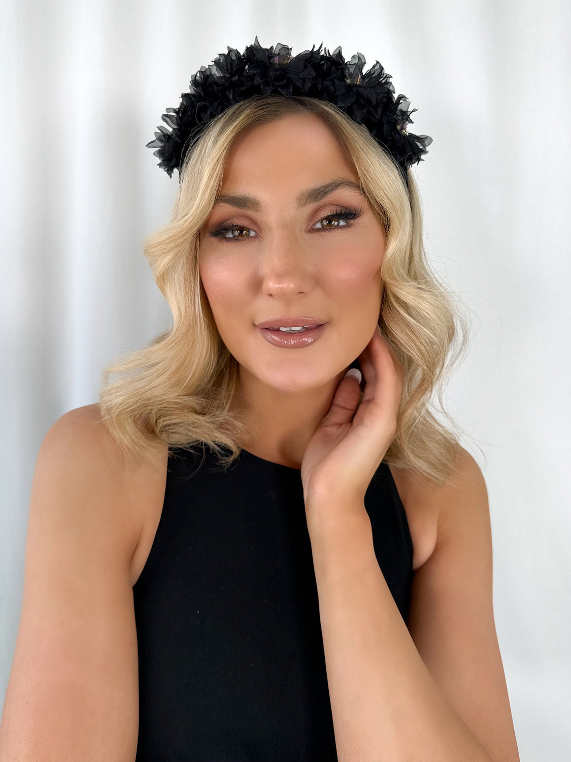 Black Headband with Tulle Flowers and Lilac Stones - Handmade