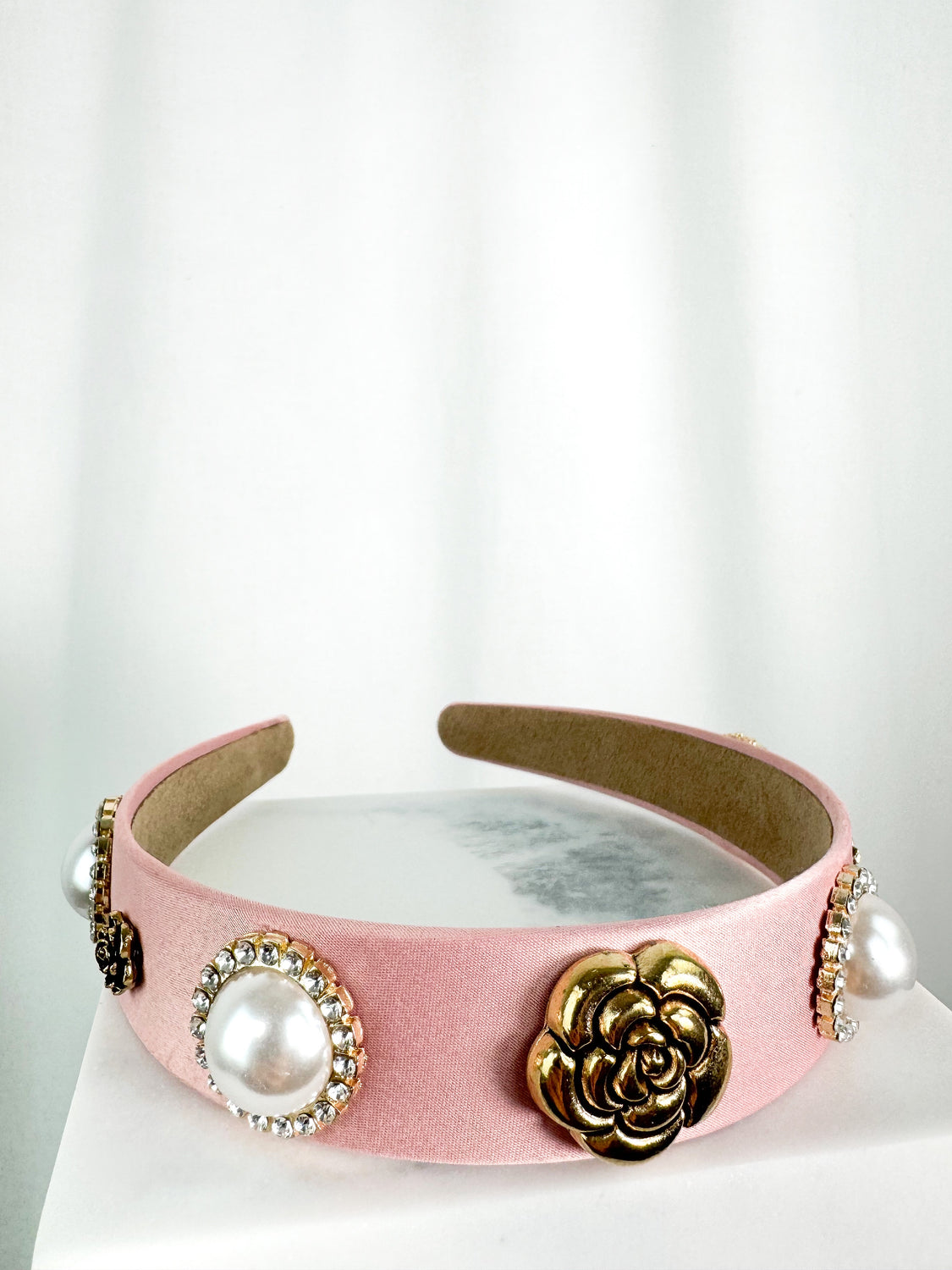 Pink Headband with Gold Flowers and Pearls