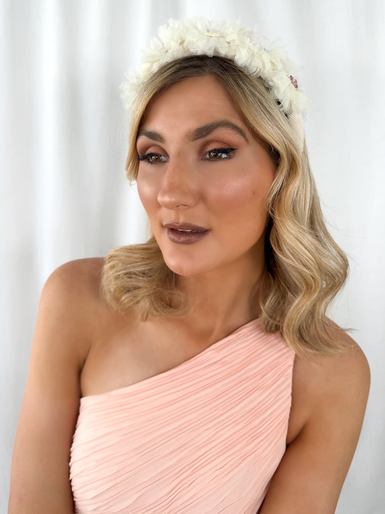 White Headband with Tulle Flowers and Lilac Stones - Handmade