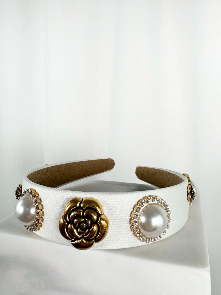 White Headband with Gold Flowers and Pearls
