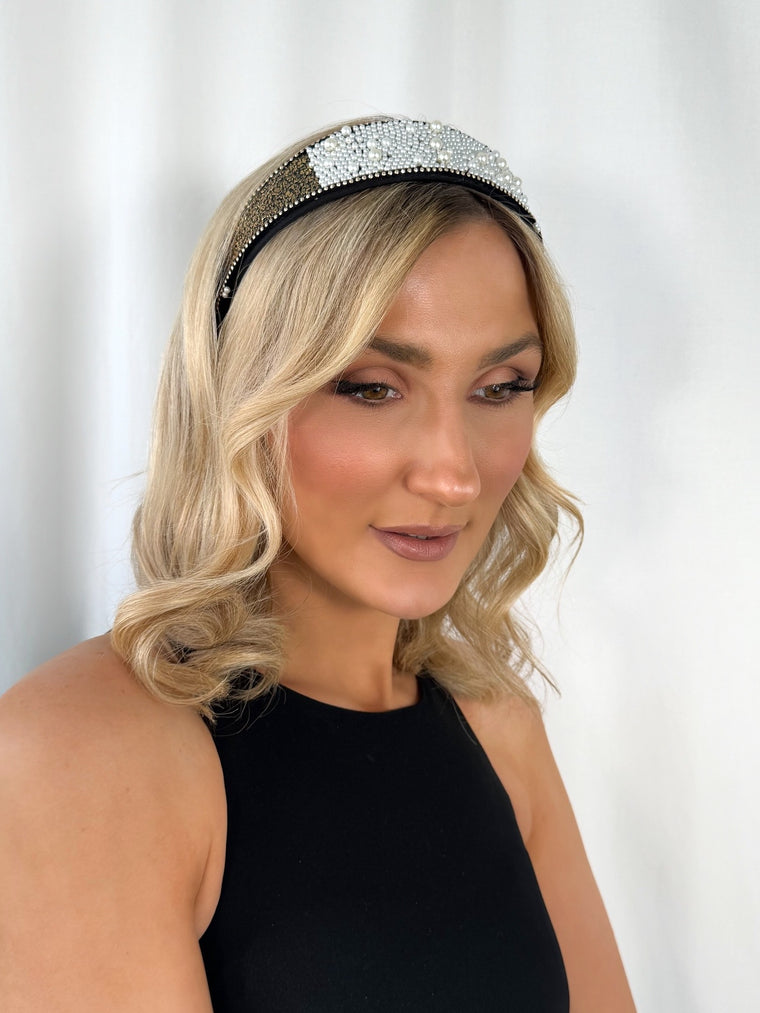 Black Large Headband with Small and Medium Pearls