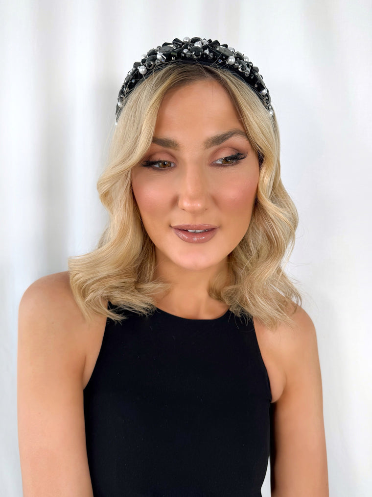 Black Large Headband with Black and White Stones
