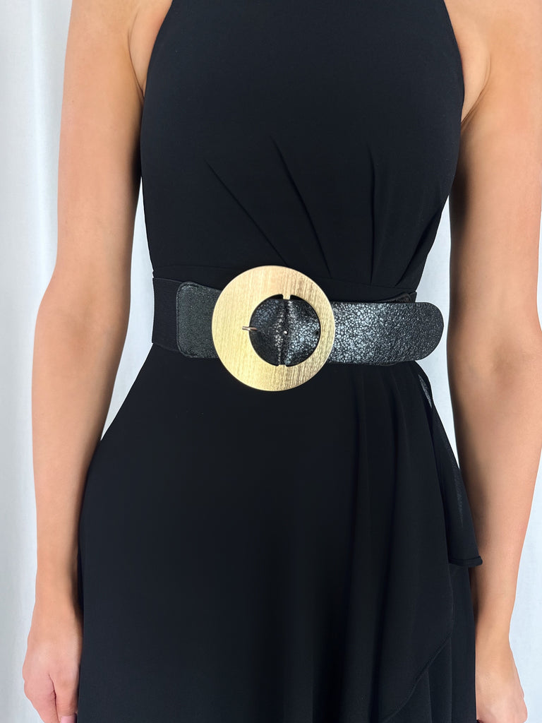 Bella Gold Round Metal Buckle Belt - Black