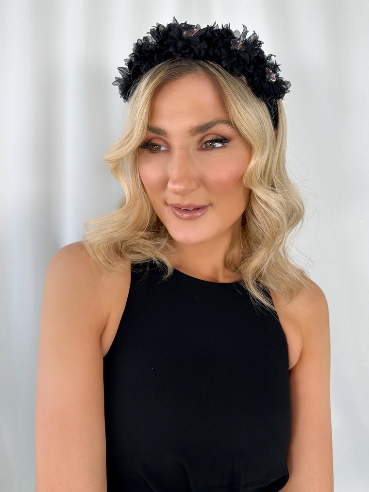 Black Headband with Tulle Flowers and Lilac Stones - Handmade
