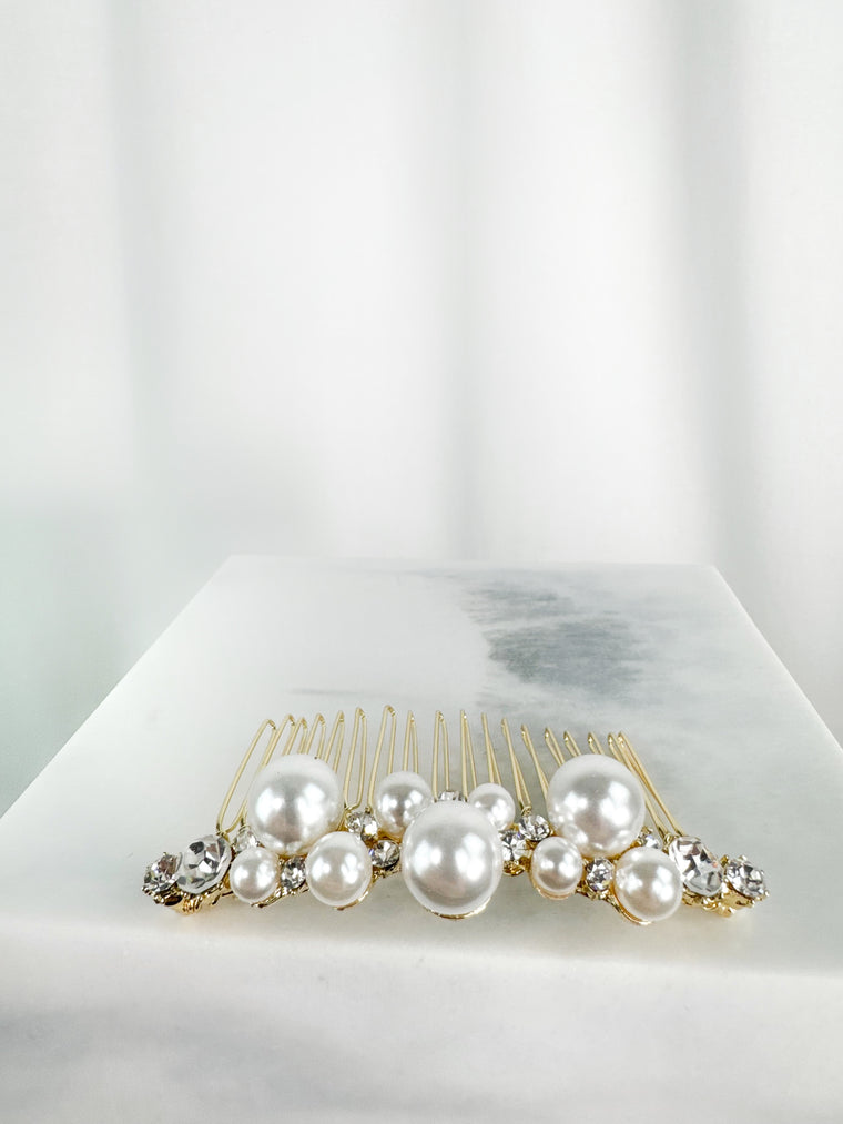 Gold Hair Comb with Stones and Pearls